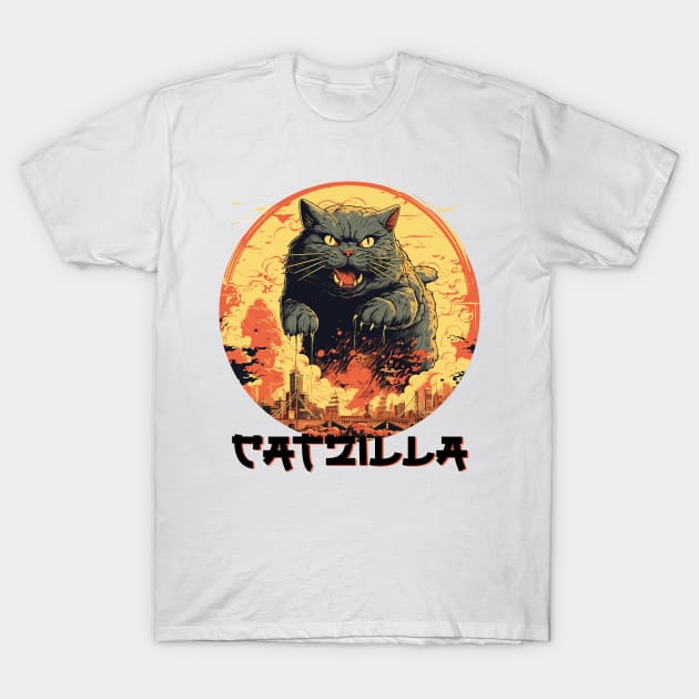 Catzilla Vintage Funny Cute Cat Art Japanese Sunset T-Shirt by Happy Lime